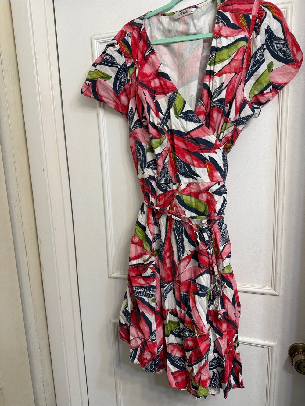 eshakti Red, Pink & Green Leaf-Print Wrap Midi Dress